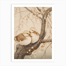 Ducklings Resting On A Tree Branch Japanese Woodblock Style 2 Art Print