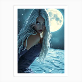 White Hair Beauty at Full Moon Art Print