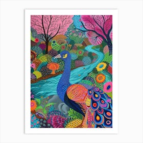 Colourful Pattern Peacock By The River 3 Art Print