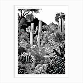 Desert Botanical Garden, Usa Linocut Black And White Vintage Art Print