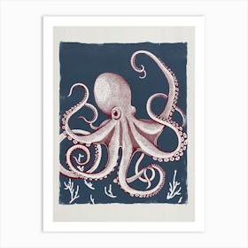 Retro Red Navy Octopus Linocut Style 3 Art Print