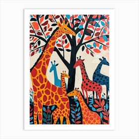 Cute Giraffe Herd Under The Trees Illustration 6 Art Print