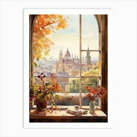 Window View Of Budapest Hungary In Autumn Fall, Watercolour 2 Art Print