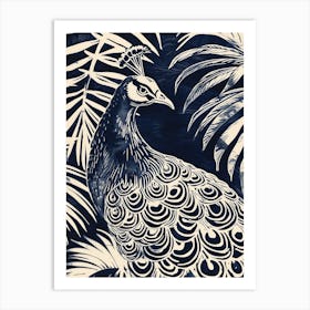 Navy Blue Peacock With Tropical Leaves 3 Art Print