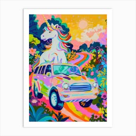 Unicorn In A Car Rainbow Painting Art Print