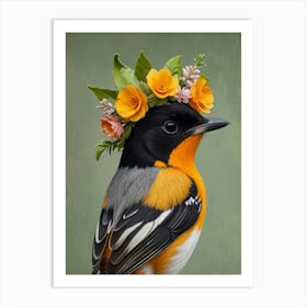 Bird With Flower Crown European Robin Art Print