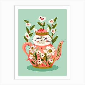 Cat In A Teapot With Flowers Art Print