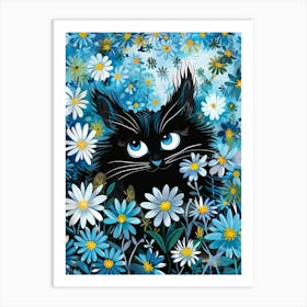 Black Cat In Daisies 2 Art Print