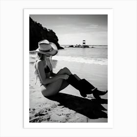 Coastal Cowgirl In Boots, Black And White Beach Photography Art Print