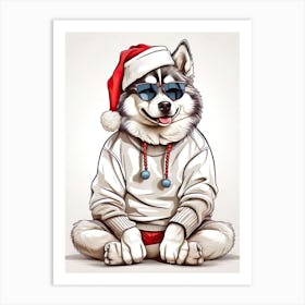 Siberian Husky Dog Christmas Hat Art Print