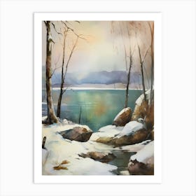 Ancient landscapes, old winter oil paintings and rocks around the lake bank. Snow is falling on the lake, old colors.7 2 Art Print