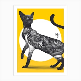 Japanese Cat Tattoo Yellow Art Print
