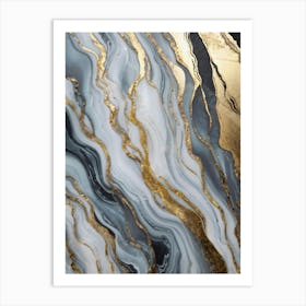 Abstract Marble Artwork Featuring Sinuous Gold And Silver Waves Flowing Amidst A Swirling Ocean Of V (4) Art Print