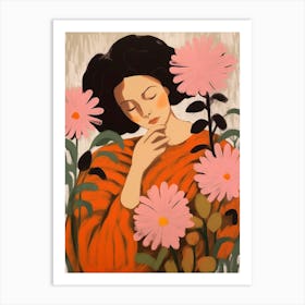 Woman With Autumnal Flowers Chrysanthemum Art Print