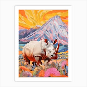 Patchwork Floral Rhino With Mountain In The Background 2 Art Print