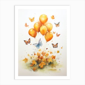 Butterfly Flying With Autumn Fall Pumpkins And Balloons Watercolour Nursery 3 Art Print