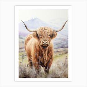 Foggy Highland Watercolour Cow 2 Art Print