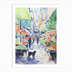 Food Market With Cats In Brooklyn 3 Watercolour Art Print