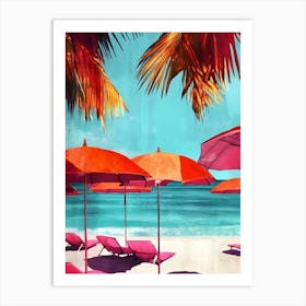 Red Umbrellas On The Beach Art Print