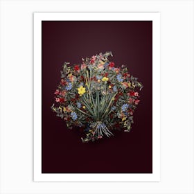 Vintage Yellow Eyed Grass Flower Wreath on Wine Red n.2735 Art Print