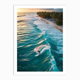 Capture An Aerial Perspective Of A Daring Surfer Confidently Riding The Islands Largest Wave On A S (3) Art Print