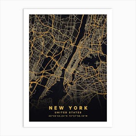 New York NYC USA Black And Gold Map Art Print