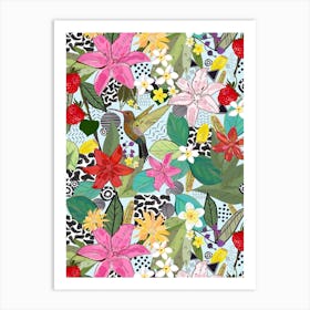 Tropical Pattern With Humming Bird, Strawberry And Colorful Lily Floral Pattern Art Print