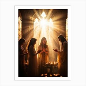 Candlelight Vigil During Spiritual Celebration Rays Of Soft Golden Light Breaking Through Stained G (3) Art Print