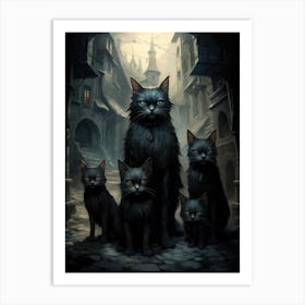 Spooky Black Cat In Smoky Medieval Street Art Print