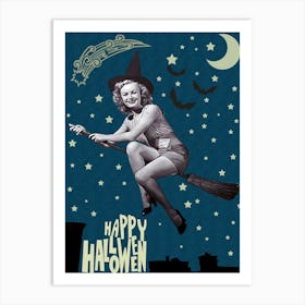 Happy Halloween Poster With Pinup Witch Riding A Broom On The Moon And Stars Art Print