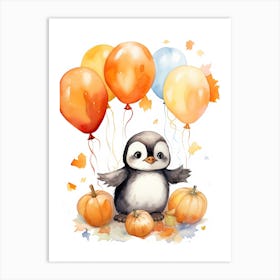 Penguin Flying With Autumn Fall Pumpkins And Balloons Watercolour Nursery 3 Art Print