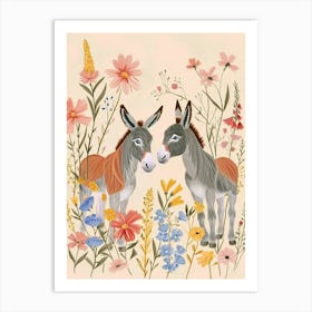 Folksy Floral Animal Drawing Donkey 3 Art Print