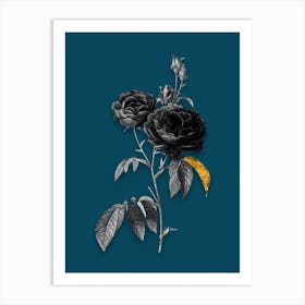 Vintage Purple Roses Black and White Gold Leaf Floral Art on Teal Blue n.1230 Art Print