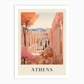 Athens Greece 2 Vintage Pink Travel Illustration Poster Art Print