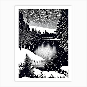 Snowflakes Falling By A Lake, Snowflakes, Linocut 1 Art Print