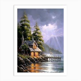 A painting of a house by a body of water, by Rolf Iseli, deviant art, romanticism, bad weather approaching, finland, qi sheng luo, near a jetty, alexey egorov, highly detailed painting of old, on an island, stunningly beautiful, hiroya oku painterly, cool looking, painitng, Art Print