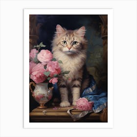 Blue & Pink Rococo Style Painting Of A Cat 1 Art Print