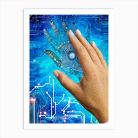 Cyber Abstract Digital Painting Of A Human Hand And A Robotic Hand Almost Touching Against A Backdro (3) Art Print