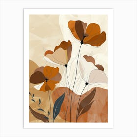 Flowers In Beige, Brown And White Tones, Using Simple Shapes In A Minimalist And Elegant 1 Art Print