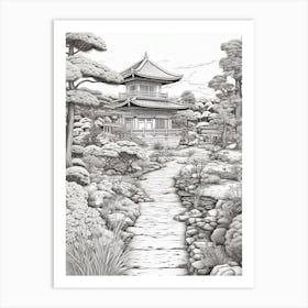 Rikugien Garden In Tokyo, Ukiyo E Black And White Line Art Drawing 3 Art Print