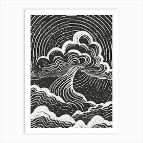 A Thunder God Amid Dark Swirling Clouds Linocut Art Print