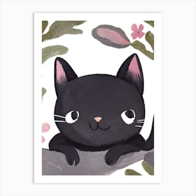 Black Cat In A Tree Cute Illustration Art Print