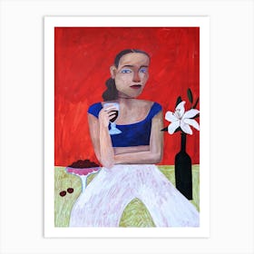 Girl with wine on a red background Art Print