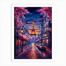 Lofi Anime Art: Serene Paris street at sunset, with the Eiffel Tower in the distance. Pink cherry blossoms frame the glowing windows and streetlights, creating a nostalgic, romantic ambiance. Art Print