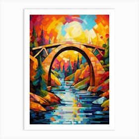 Old Stone Bridge at Sunrise, Abstract Vibrant Colorful Painting in Van Gogh Style Art Print