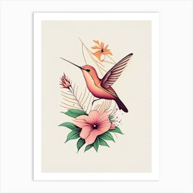 Hummingbird Surrounded By Flowers Retro Minimal Art Print
