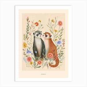 Folksy Floral Animal Drawing Ferret 4 Poster Art Print