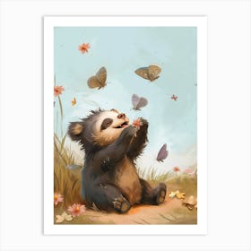 Sloth Bear Cub Playing With Butterflies Storybook Illustration 2 Art Print