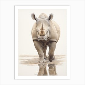 Rhino Walking Through The Waterhole Illustration Art Print