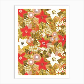 Poinsettia Flowers and Christmas Florals on Ochre Yellow Art Print